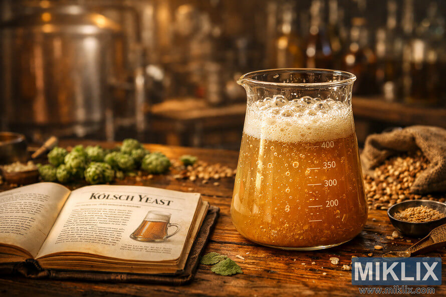 Glass beaker with actively fermenting KÃ¶lsch yeast on a rustic wooden table surrounded by hops, malt grains, and brewing equipment in warm ambient light.