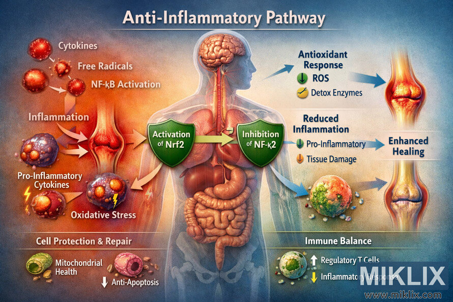 Educational illustration of the anti-inflammatory pathway in the human body, showing a semi-transparent human silhouette with visible organs, red inflammatory factors on the left, natural molecules like omega-3, curcumin, and polyphenols in the center Educational illustration of the anti-inflammatory pathway in the human body, showing a semi-transparent human silhouette with visible organs, red inflammatory factors on the left, natural molecules like omega-3, curcumin, and polyphenols in the center