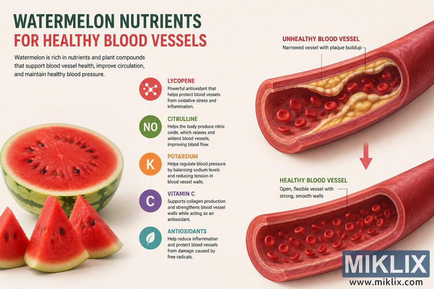Landscape medical infographic showing watermelon, nutrient icons for lycopene, citrulline, potassium, vitamin C and antioxidants, alongside a comparison between an unhealthy plaque-filled blood vessel and a healthy open blood vessel with improved blood flow. Landscape medical infographic showing watermelon, nutrient icons for lycopene, citrulline, potassium, vitamin C and antioxidants, alongside a comparison between an unhealthy plaque-filled blood vessel and a healthy open blood vessel with improved blood flow.