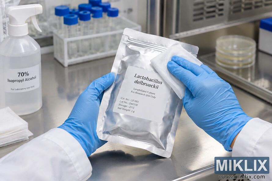 Blue-gloved hands wipe a sealed silver Lactobacillus delbrueckii culture pouch beside 70% isopropyl alcohol in a laboratory. Blue-gloved hands wipe a sealed silver Lactobacillus delbrueckii culture pouch beside 70% isopropyl alcohol in a laboratory.