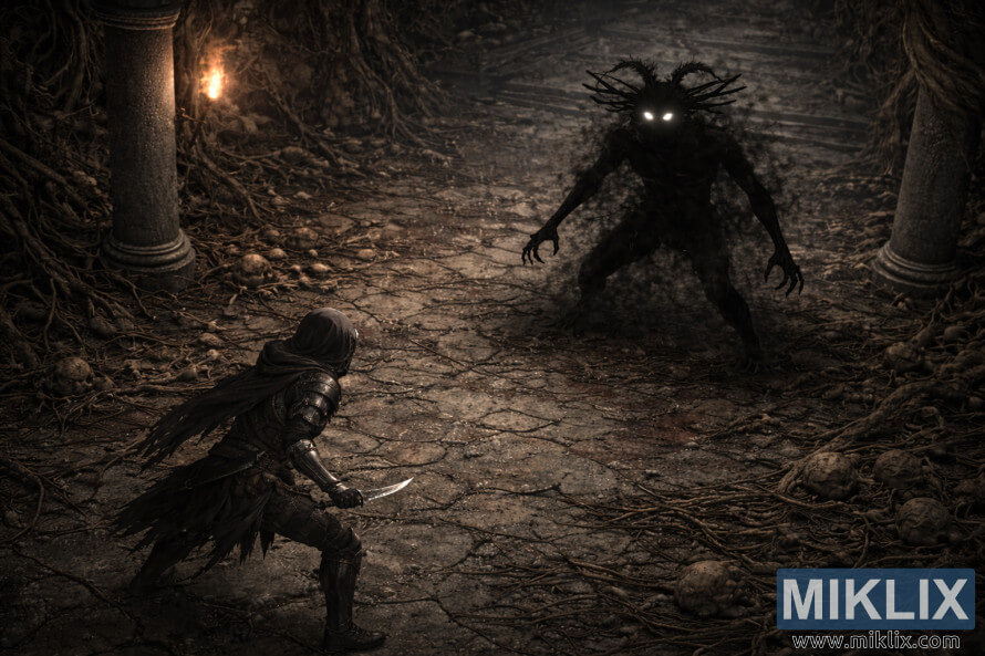 GÃ³c nhÃ¬n isometric theo phong cÃ¡ch giáº£ tÆ°á»ng Äen tá»i cá»§a nhÃ¢n váº­t Tarnished trong bá» giÃ¡p Black Knife Äá»i máº·t vá»i Cemetery Shade bÃªn trong háº§m má» Black Knife.