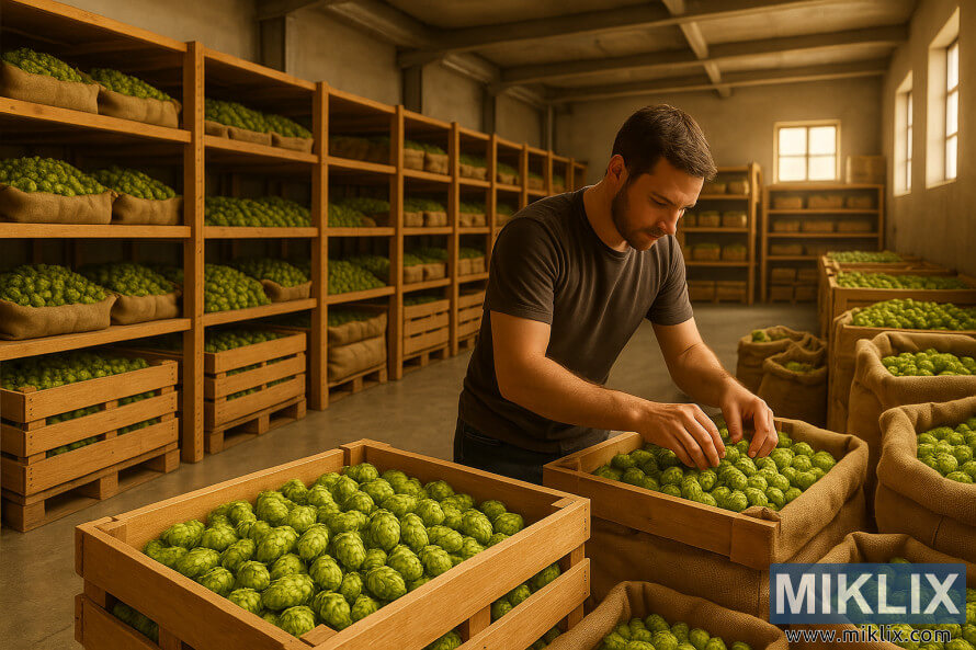 Radnik pregledava hmelj Tettnanger u vreÄama od jute unutar dobro osvijetljenog skladiÅ¡ta. Radnik pregledava hmelj Tettnanger u vreÄama od jute unutar dobro osvijetljenog skladiÅ¡ta.