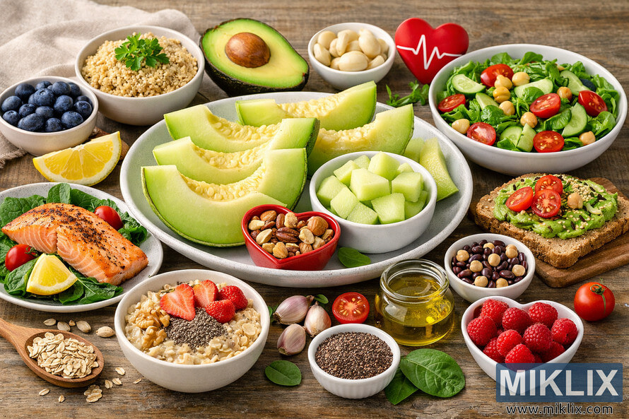 A rustic wooden table covered with a colorful assortment of heart-healthy foods, centered around a white oval plate of sliced honeydew melon and a bowl of melon cubes. Surrounding the melon are grilled salmon on spinach with cherry tomatoes and lemon wedges, a bowl of quinoa, blueberries, a halved avocado, a large salad with leafy greens, tomatoes, cucumbers, and chickpeas, whole grain bread topped with mashed avocado and seeds, mixed beans, oatmeal with strawberries, chia seeds, and walnuts, small bowls of chia seeds and red quinoa, a jar of olive oil, a heart-shaped dish of raspberries, a wooden spoon filled with oats, garlic cloves, and a small heart icon with an ECG line, all lit by even natural light. A rustic wooden table covered with a colorful assortment of heart-healthy foods, centered around a white oval plate of sliced honeydew melon and a bowl of melon cubes. Surrounding the melon are grilled salmon on spinach with cherry tomatoes and lemon wedges, a bowl of quinoa, blueberries, a halved avocado, a large salad with leafy greens, tomatoes, cucumbers, and chickpeas, whole grain bread topped with mashed avocado and seeds, mixed beans, oatmeal with strawberries, chia seeds, and walnuts, small bowls of chia seeds and red quinoa, a jar of olive oil, a heart-shaped dish of raspberries, a wooden spoon filled with oats, garlic cloves, and a small heart icon with an ECG line, all lit by even natural light.
