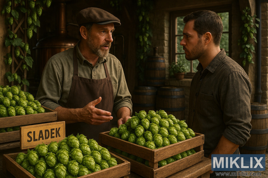 Vendedor y comprador discutiendo sobre el lÃºpulo Sladek en un mercado cervecero rÃºstico con cajas de lÃºpulo fresco.