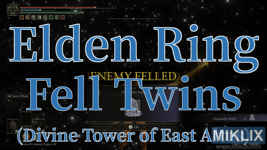 Screenshot from Elden Ring showing the player defeating the Fell Twins near the Divine Tower of East Altus with “ENEMY FELLED” on screen. Screenshot from Elden Ring showing the player defeating the Fell Twins near the Divine Tower of East Altus with “ENEMY FELLED” on screen.