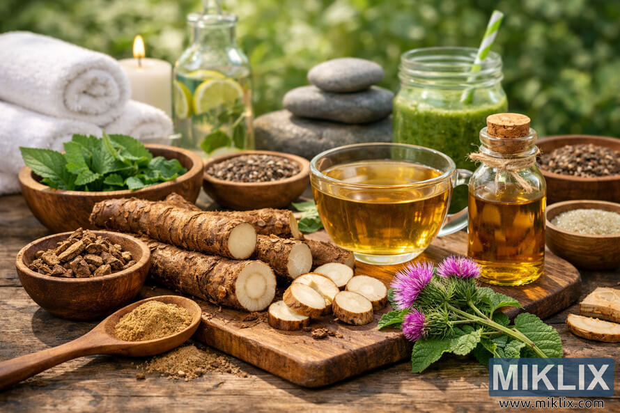 High-resolution outdoor composition featuring fresh burdock roots, burdock tea, tincture, smoothies, towels, candle, massage stones, seeds, and other wellness elements arranged on a rustic wooden surface with soft green foliage in the background. High-resolution outdoor composition featuring fresh burdock roots, burdock tea, tincture, smoothies, towels, candle, massage stones, seeds, and other wellness elements arranged on a rustic wooden surface with soft green foliage in the background.