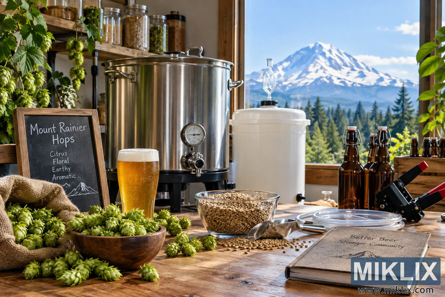 Rustic homebrewing setup with fresh green hops, grain, stainless steel brewing kettle, fermenter, amber bottles and a glass of golden beer, framed by a bright view of a snow-covered Mount Rainier-like mountain. Rustic homebrewing setup with fresh green hops, grain, stainless steel brewing kettle, fermenter, amber bottles and a glass of golden beer, framed by a bright view of a snow-covered Mount Rainier-like mountain.