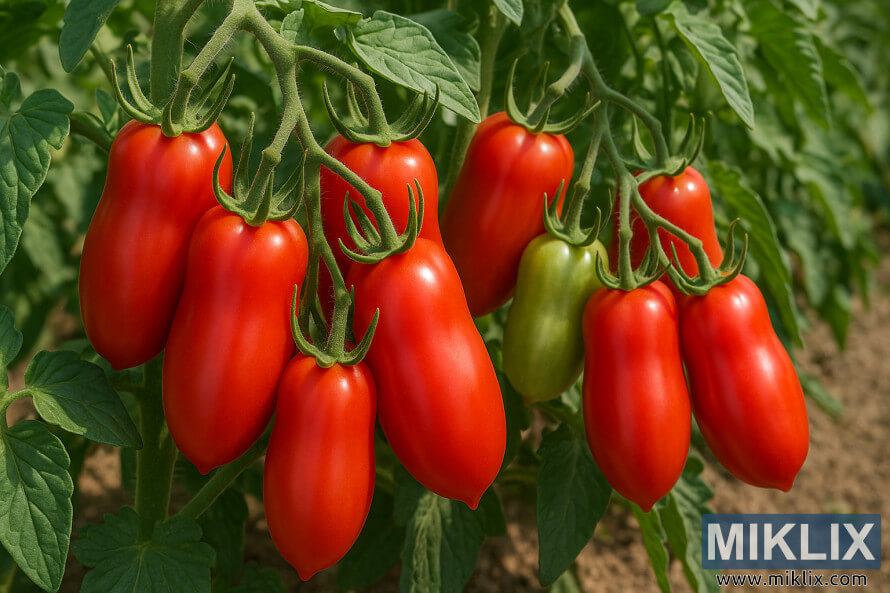 Nhá»¯ng chÃ¹m cÃ  chua San Marzano chÃ­n má»ng treo trÃªn dÃ¢y leo trong má»t khu vÆ°á»n Äáº§y náº¯ng.