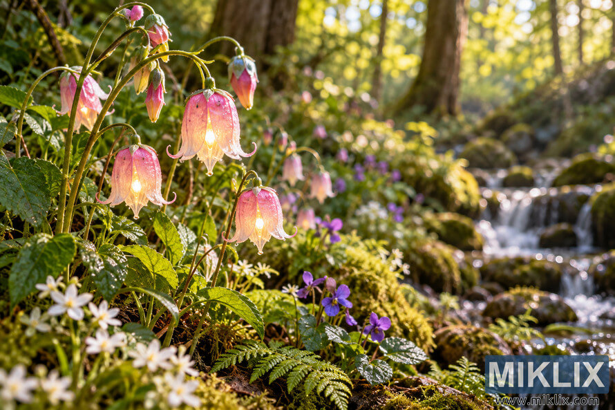 Glowing pink bell-shaped fairy lantern flowers among moss, ferns, white and violet wildflowers beside a sunlit woodland stream. Glowing pink bell-shaped fairy lantern flowers among moss, ferns, white and violet wildflowers beside a sunlit woodland stream.