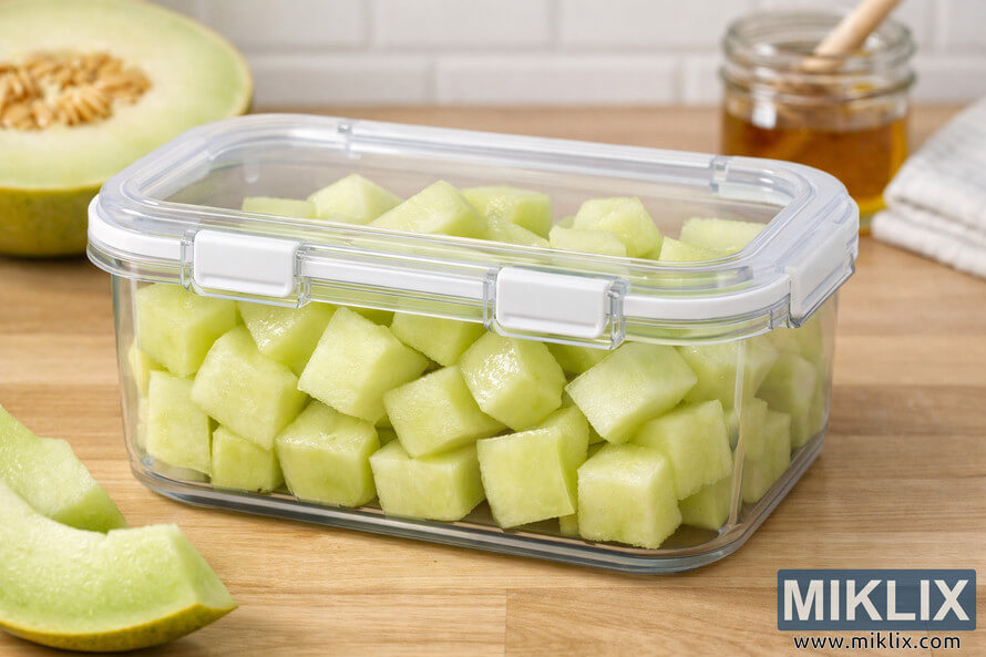 Transparent airtight container filled with cubed honeydew melon pieces on a wooden countertop, with a halved melon and honey jar in the background. Transparent airtight container filled with cubed honeydew melon pieces on a wooden countertop, with a halved melon and honey jar in the background.