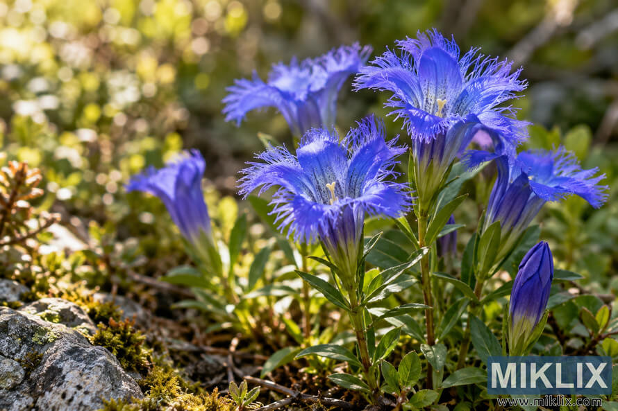 Close-up of vivid blue-violet fringed flowers and buds growing among green leaves, moss and rocks in warm filtered sunlight. Close-up of vivid blue-violet fringed flowers and buds growing among green leaves, moss and rocks in warm filtered sunlight.