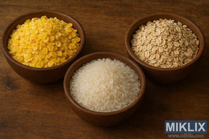 Tre treskåler med flak av mais, ris og bygg på en rustikk treflate. Tre treskåler med flak av mais, ris og bygg på en rustikk treflate.
