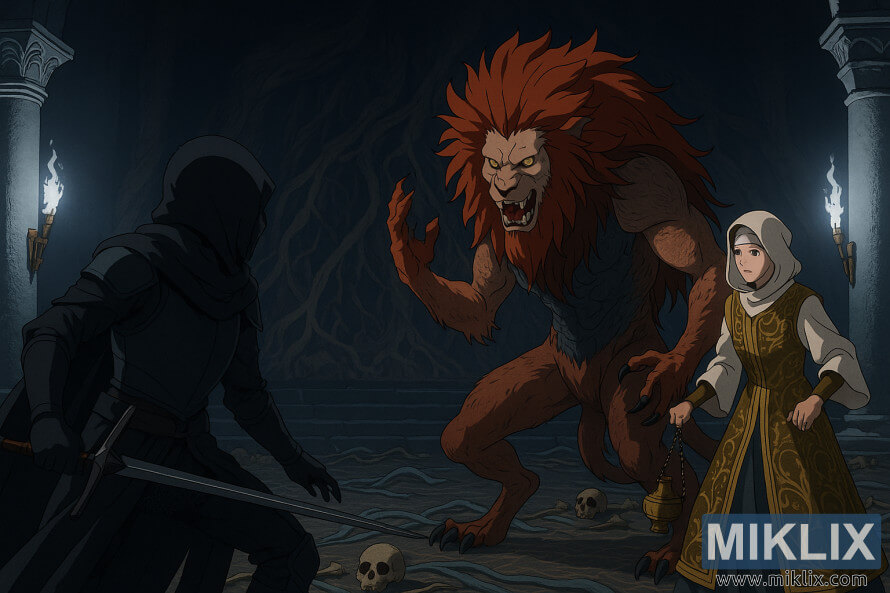 IlustraciÃ³n de estilo anime del Deslucido con armadura negra enfrentÃ¡ndose a un Leonino IlegÃ­timo y a la Perfumista Tricia dentro de una caverna oscura y llena de huesos.