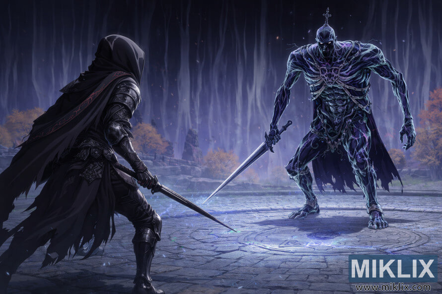 Illustration im Anime-Stil, die den Befleckten zeigt, wie er mit einem rotglÃ¼henden Dolch dem hoch aufragenden spektralen Bols, dem karischen Ritter, in Cuckoos Evergaol gegenÃ¼bersteht, bevor der Kampf beginnt.