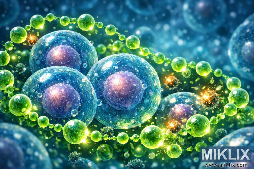 Microscopic image showing healthy blue cells surrounded by glowing green antioxidant molecules neutralizing orange free radicals in a fluid blue environment. Microscopic image showing healthy blue cells surrounded by glowing green antioxidant molecules neutralizing orange free radicals in a fluid blue environment.