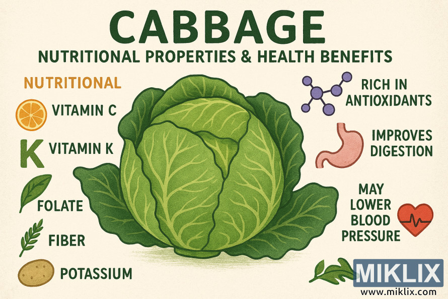 Infografia nutricional de la col verda que mostra una col verda al centre amb vitamines, minerals i beneficis per a la salut etiquetats, com ara antioxidants, suport a la digestiÃ³, efectes antiinflamatoris i possible reducciÃ³ de la pressiÃ³ arterial.
