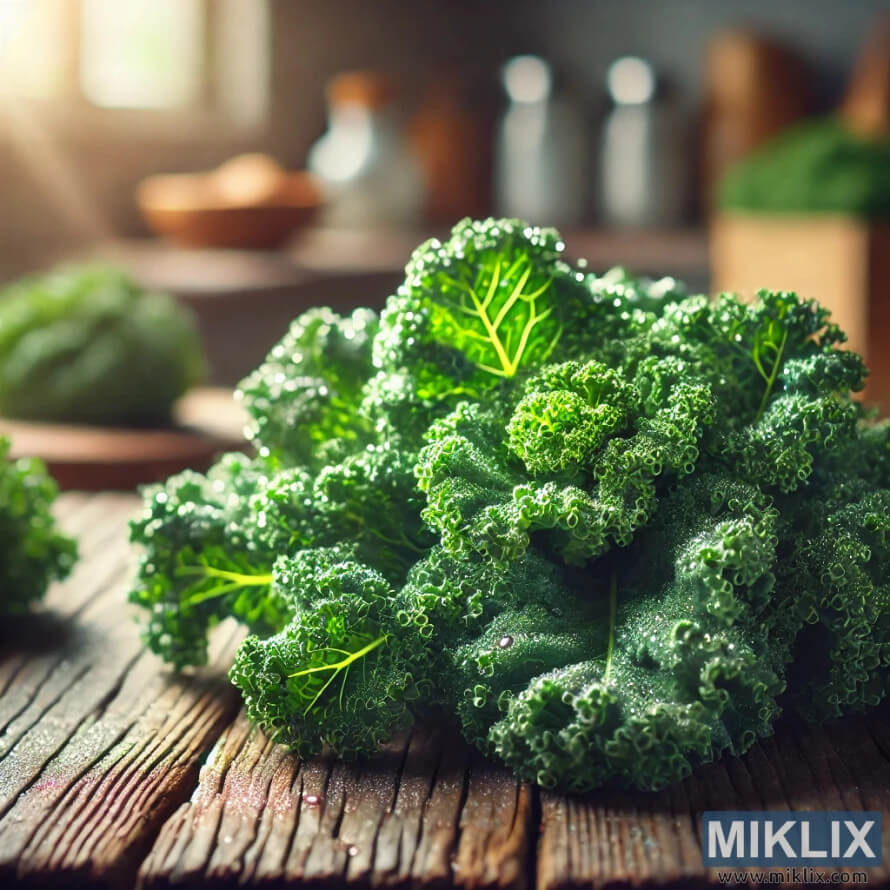 Fresh curly kale on rustic wooden table with morning light. Fresh curly kale on rustic wooden table with morning light.