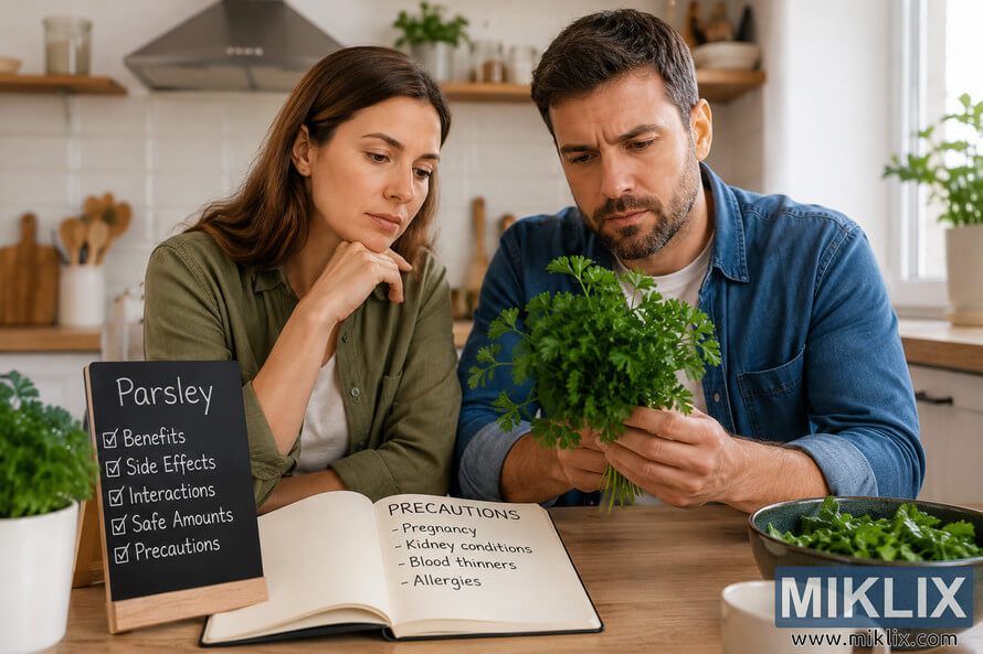 Two adults sitting at a wooden kitchen table carefully examining fresh parsley while reviewing notes about health precautions, side effects, allergies, and safe consumption amounts in a bright modern kitchen.