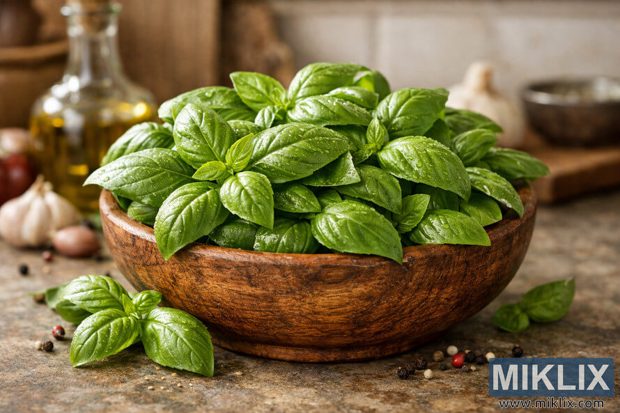 A rustic wooden bowl filled with fresh green basil leaves on a kitchen counter, surrounded by peppercorns and garlic cloves, with warm natural light highlighting the glossy texture of the leaves.