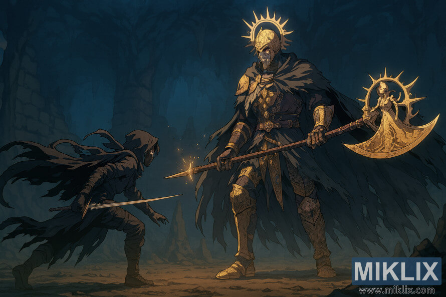Anime-style fan art of Tarnished in Black Knife armor facing Death Knight boss in Elden Ring catacombs