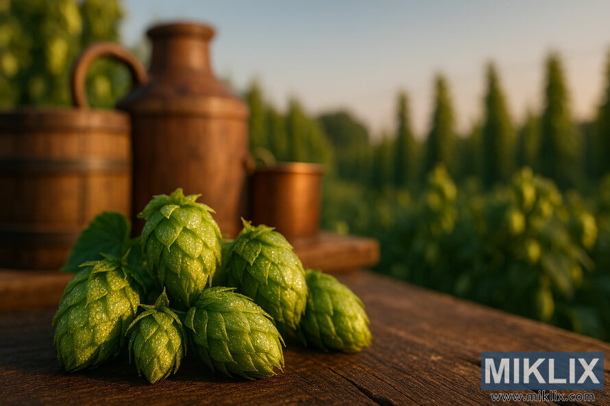 Close-up of dew-covered Hallertauer Gold hops with rustic brewing setup and hop fields in background Close-up of dew-covered Hallertauer Gold hops with rustic brewing setup and hop fields in background