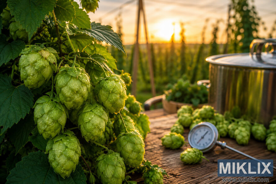 Close-up of vibrant green Zlatan hop cones covered in morning dew beside rustic brewing equipment on a wooden table, with blurred hop fields glowing under a golden sunset. Close-up of vibrant green Zlatan hop cones covered in morning dew beside rustic brewing equipment on a wooden table, with blurred hop fields glowing under a golden sunset.