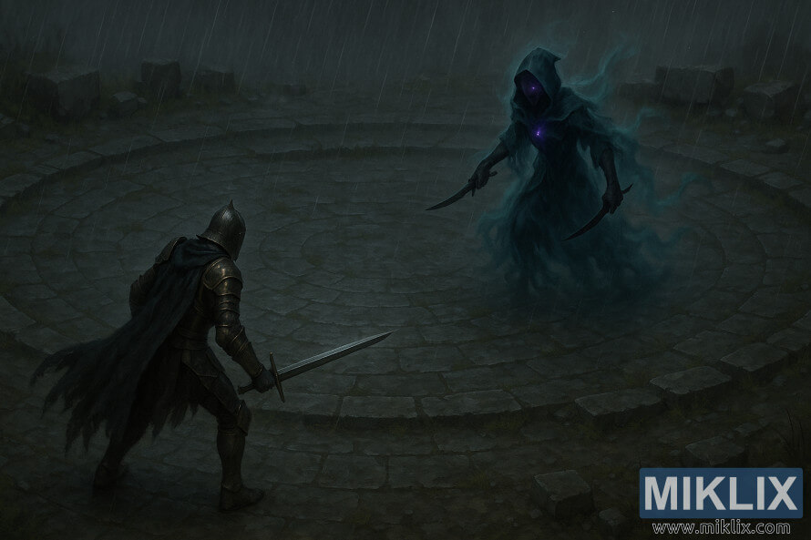 Landskap-georiënteerde, semi-realistiese kunswerk wat die Tarnished wys wat 'n swaard swaai teen Alecto, Black Knife Ringleier, wat twee dolke in 'n reëndeurdrenkte sirkelvormige kliparena vashou. Landskap-georiënteerde, semi-realistiese kunswerk wat die Tarnished wys wat 'n swaard swaai teen Alecto, Black Knife Ringleier, wat twee dolke in 'n reëndeurdrenkte sirkelvormige kliparena vashou.