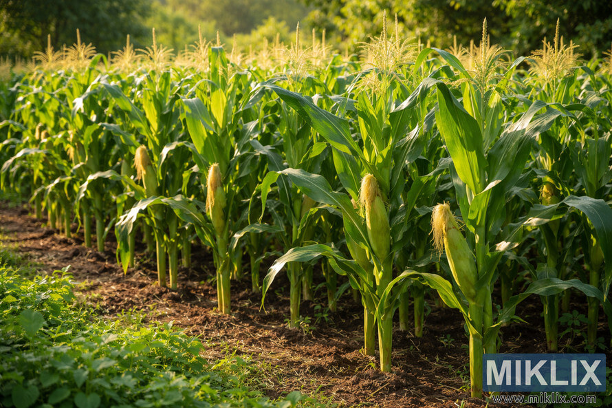 Rows of healthy standard sweet corn plants growing in a sunlit vegetable garden during warm golden-hour light.