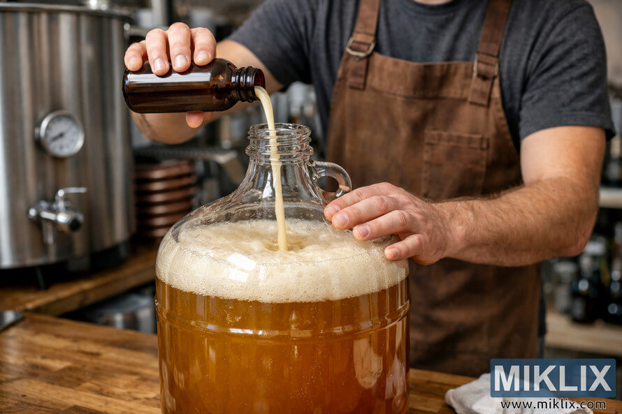 Homebrewer pouring liquid yeast from a brown bottle into a glass carboy filled with foamy Czech lager wort on a wooden workbench. Homebrewer pouring liquid yeast from a brown bottle into a glass carboy filled with foamy Czech lager wort on a wooden workbench.