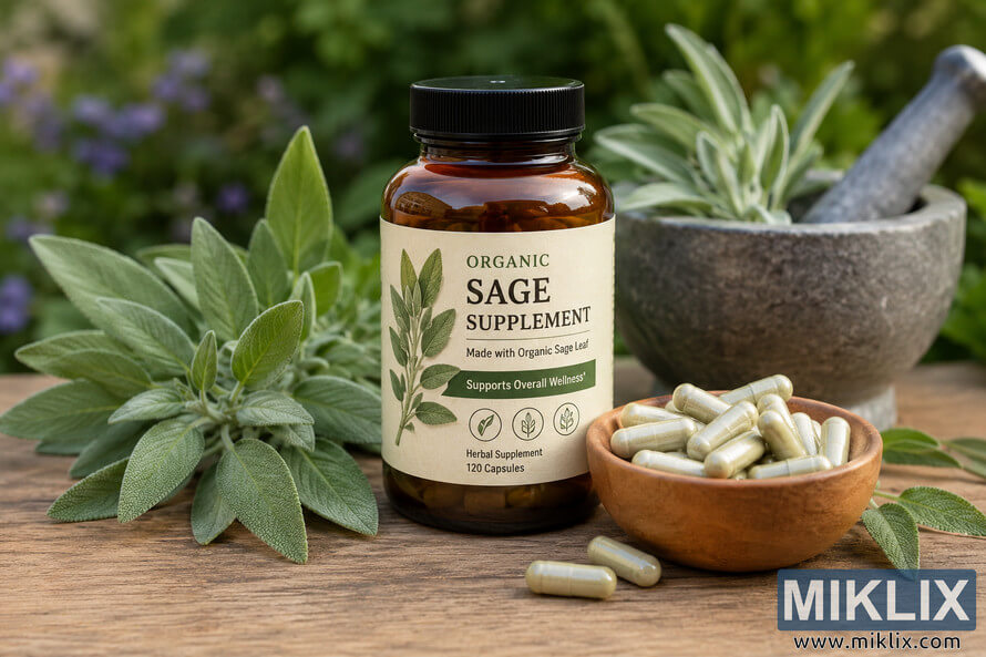 Amber glass bottle of organic sage supplement capsules on a rustic wooden table surrounded by fresh sage leaves, herbal capsules in a wooden bowl, and a stone mortar and pestle in soft natural lighting. Amber glass bottle of organic sage supplement capsules on a rustic wooden table surrounded by fresh sage leaves, herbal capsules in a wooden bowl, and a stone mortar and pestle in soft natural lighting.