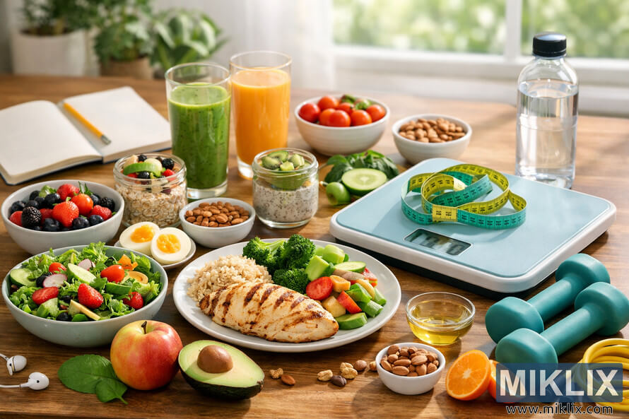 A bright kitchen countertop displaying a balanced meal with salad, grilled chicken, fruits, smoothies, and fitness items like a scale, dumbbells, and a jump rope symbolizing healthy living. A bright kitchen countertop displaying a balanced meal with salad, grilled chicken, fruits, smoothies, and fitness items like a scale, dumbbells, and a jump rope symbolizing healthy living.