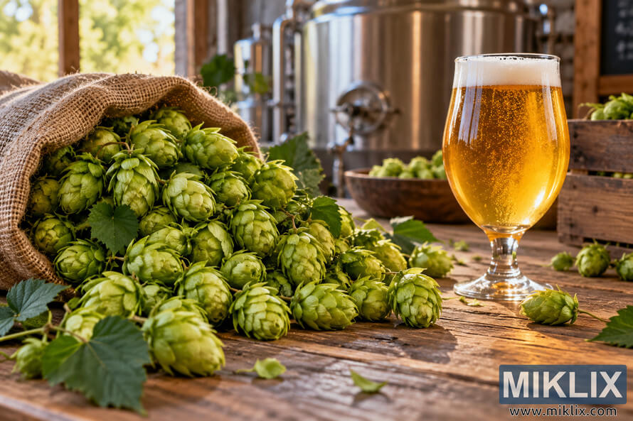 Fresh green hop cones spilling from a burlap sack across a rustic wooden brewing table beside an unbranded glass of golden beer, with stainless-steel brewery tanks softly blurred in the background.