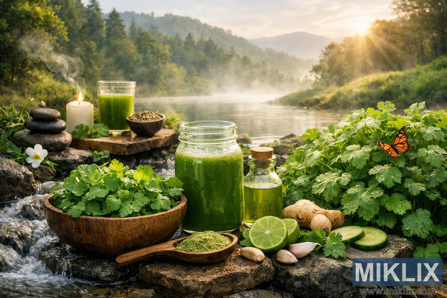 Landscape photograph featuring cilantro detoxification elements with fresh herbs, green juice, and a misty sunrise over a tranquil river. Landscape photograph featuring cilantro detoxification elements with fresh herbs, green juice, and a misty sunrise over a tranquil river.