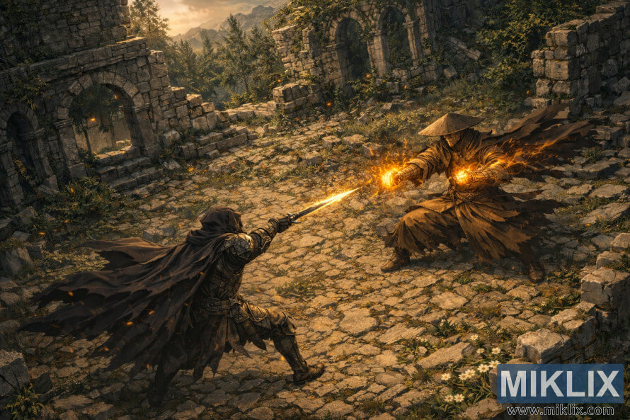 Ilustración isométrica de un fan de fantasÃa oscura del Caballero Deslucido con armadura de Cuchillo Negro apuntando con una daga brillante hacia Dryleaf Dane en medio del patio de piedra en ruinas de las Ruinas de Moorth. Ilustración isométrica de un fan de fantasÃa oscura del Caballero Deslucido con armadura de Cuchillo Negro apuntando con una daga brillante hacia Dryleaf Dane en medio del patio de piedra en ruinas de las Ruinas de Moorth.