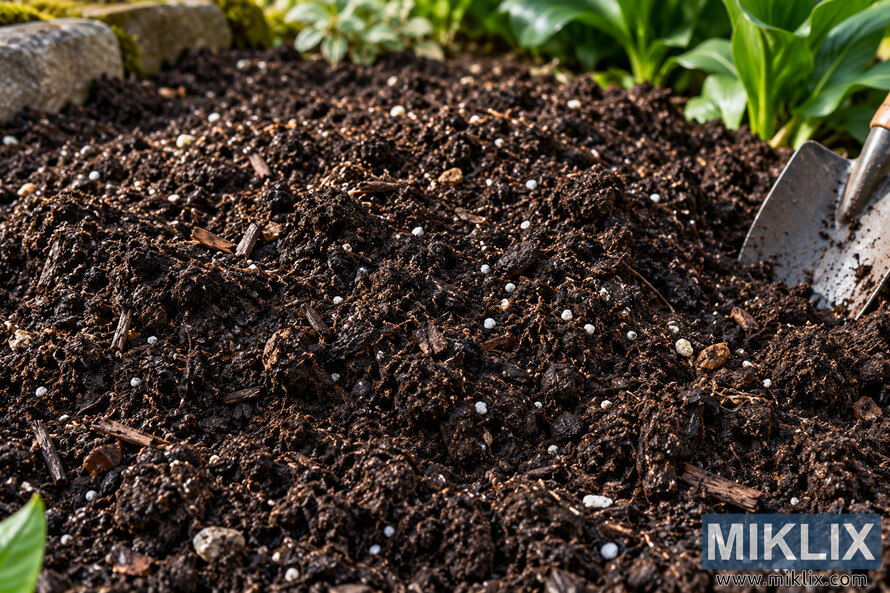 Close-up of dark, loose compost-rich garden soil with white granules, organic matter, a metal trowel, border stones, and surrounding green foliage. Close-up of dark, loose compost-rich garden soil with white granules, organic matter, a metal trowel, border stones, and surrounding green foliage.