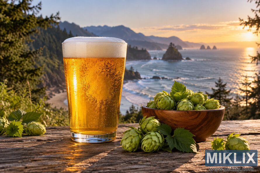 Golden West Coast IPA in a clear pint glass beside a wooden bowl of fresh green hops on a rustic table, overlooking a rugged Pacific coast with forested cliffs, sea stacks, ocean surf, mountains, and warm sunset light. Golden West Coast IPA in a clear pint glass beside a wooden bowl of fresh green hops on a rustic table, overlooking a rugged Pacific coast with forested cliffs, sea stacks, ocean surf, mountains, and warm sunset light.