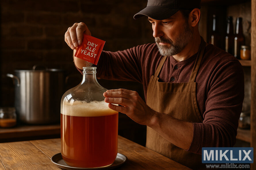 A homebrewer sprinkles garing ale ragi menyang carboy kaca wort amber ing persiyapan homebrewing deso. A homebrewer sprinkles garing ale ragi menyang carboy kaca wort amber ing persiyapan homebrewing deso.