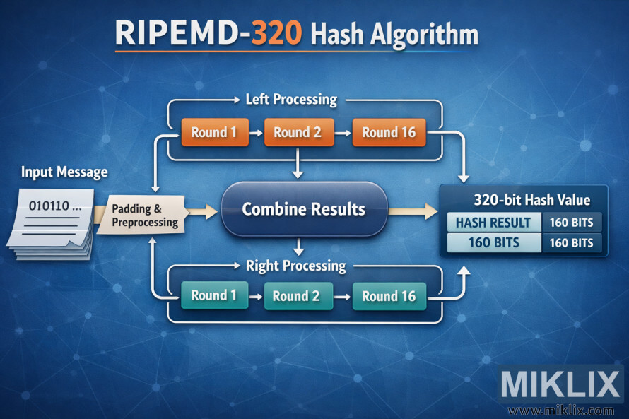 RIPEMD-320 हैश एल्गोरिदम का कॉन्सेप्चुअल डायग्राम जो मैसेज इनपुट, पैरेलल प्रोसेसिंग पाथ, कम्प्रेशन राउंड और फाइनल 320-bit हैश आउटपुट दिखाता है।