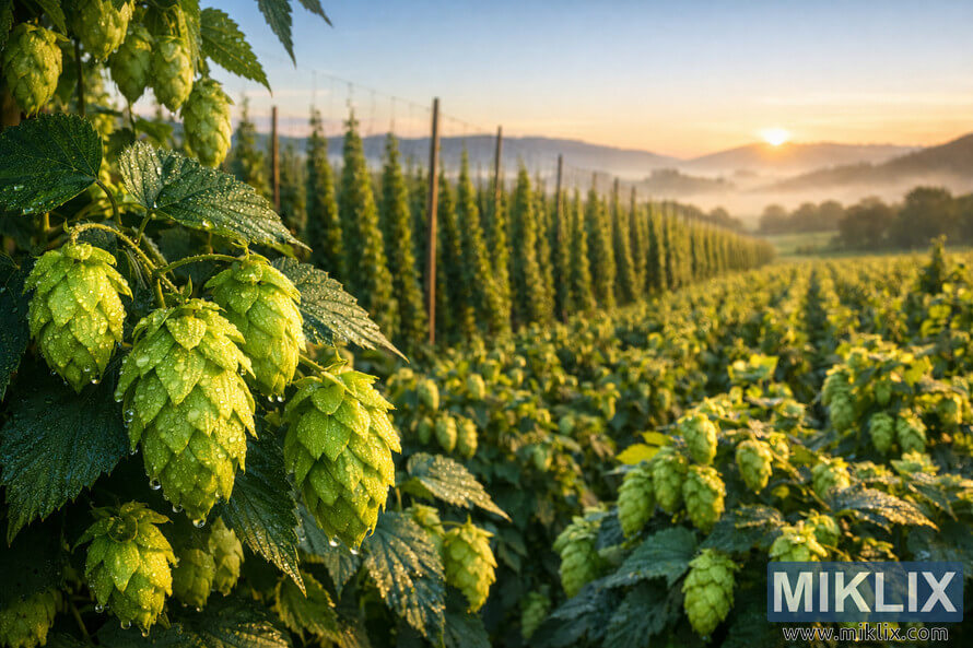 A dawn-lit hop field photographed from a slightly elevated angle, with dewy Pilgrim hop cones in sharp focus in the foreground. Rows of trellised hop vines extend into the distance, supported by tall wooden poles and wires, all bathed in warm golden morning light. In the background, rolling hills partially veiled in mist rise beneath a clear blue sky as the sun emerges above the horizon. A dawn-lit hop field photographed from a slightly elevated angle, with dewy Pilgrim hop cones in sharp focus in the foreground. Rows of trellised hop vines extend into the distance, supported by tall wooden poles and wires, all bathed in warm golden morning light. In the background, rolling hills partially veiled in mist rise beneath a clear blue sky as the sun emerges above the horizon.