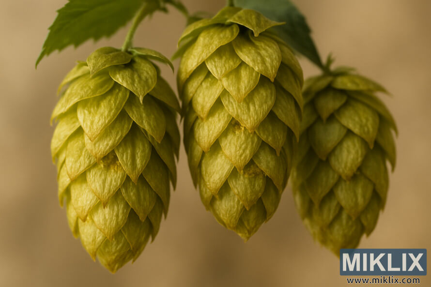 YumÅaq fon bulanÄ±qlÄ±ÄÄ± ilÉ qÄ±zÄ±lÄ±-yaÅÄ±l Talisman hop konuslarÄ±nÄ±n ÉtraflÄ± yaxÄ±n planÄ±.