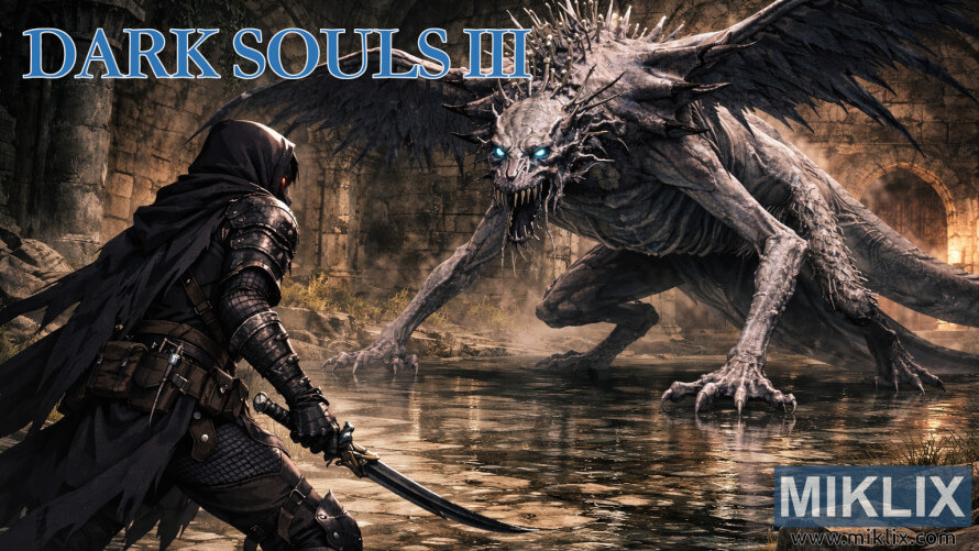 Dark Souls III မှ ရေလွှမ်းမိုးခံရသော ပျက်စီးနေသော ဘုရားကျောင်းတွင် Oceiros the Consumed King ကို မျက်နှာမူထားသော အရိပ်သံချပ်ကာဝတ်ဆင်ထားသည့် Ashen One ၏ ပရိသတ်အနုပညာ။