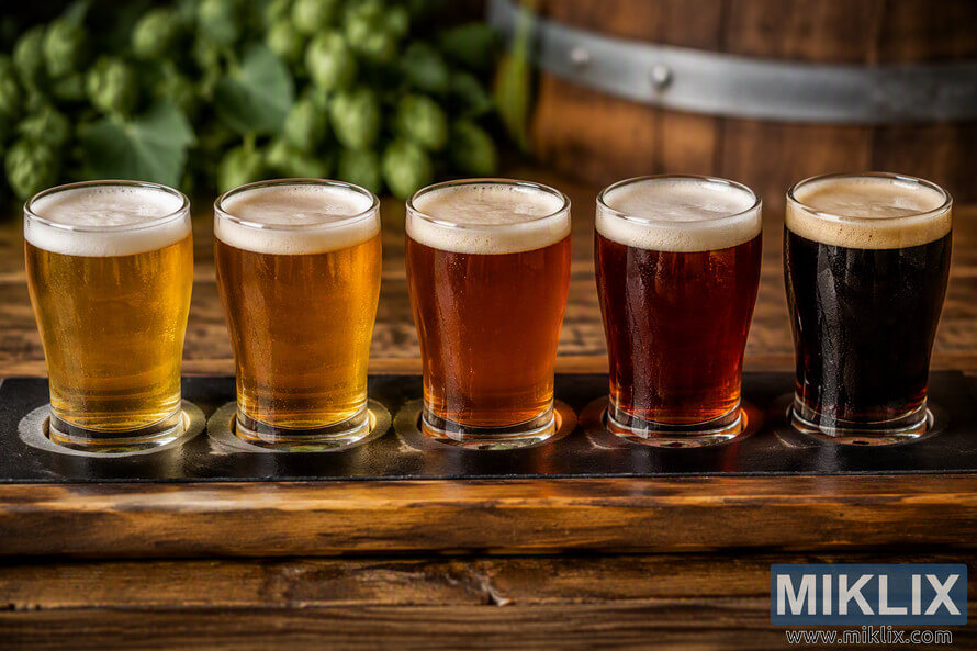 Landscape photograph of a beer tasting flight featuring five different beer styles brewed with Legacy hops. The beers are arranged in a wooden flight tray on a rustic wooden table and display a progression of colors from pale golden straw and deep gold to amber, reddish brown, and nearly black. Each glass has a creamy foam head. Fresh green hop cones appear softly blurred in the background alongside part of a wooden barrel, creating a brewery-inspired setting. Landscape photograph of a beer tasting flight featuring five different beer styles brewed with Legacy hops. The beers are arranged in a wooden flight tray on a rustic wooden table and display a progression of colors from pale golden straw and deep gold to amber, reddish brown, and nearly black. Each glass has a creamy foam head. Fresh green hop cones appear softly blurred in the background alongside part of a wooden barrel, creating a brewery-inspired setting.