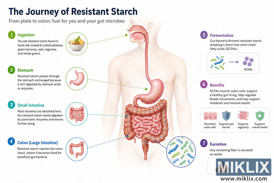 Landscape educational infographic illustrating the journey of resistant starch through the human digestive system. A central anatomical illustration of the digestive tract is surrounded by seven numbered stages. Landscape educational infographic illustrating the journey of resistant starch through the human digestive system. A central anatomical illustration of the digestive tract is surrounded by seven numbered stages.