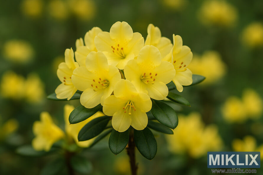 Gros plan du rhododendron nain du troglodyte avec des fleurs jaunes vives en forme de coupe.
