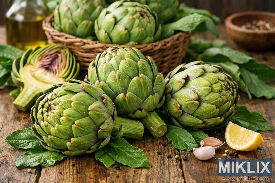 Fresh whole artichokes with green leaves arranged on a rustic wooden table, surrounded by garlic cloves, lemon wedges, and olive oil bottle in warm natural light. Fresh whole artichokes with green leaves arranged on a rustic wooden table, surrounded by garlic cloves, lemon wedges, and olive oil bottle in warm natural light.