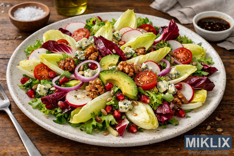 Fresh endive salad with avocado, cherry tomatoes, blue cheese, candied walnuts and pomegranate seeds on a rustic ceramic plate.