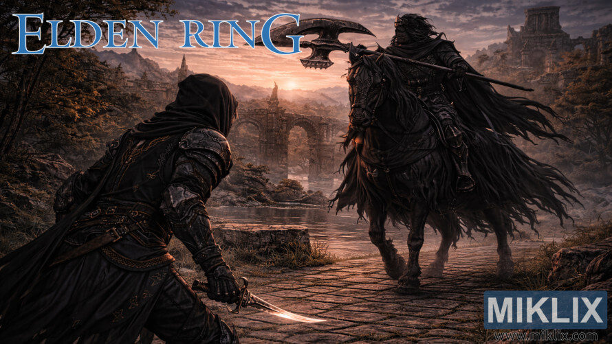 Elden Ring fan art showing a Black Knife assassin confronting Night's Cavalry on Gate Town Bridge