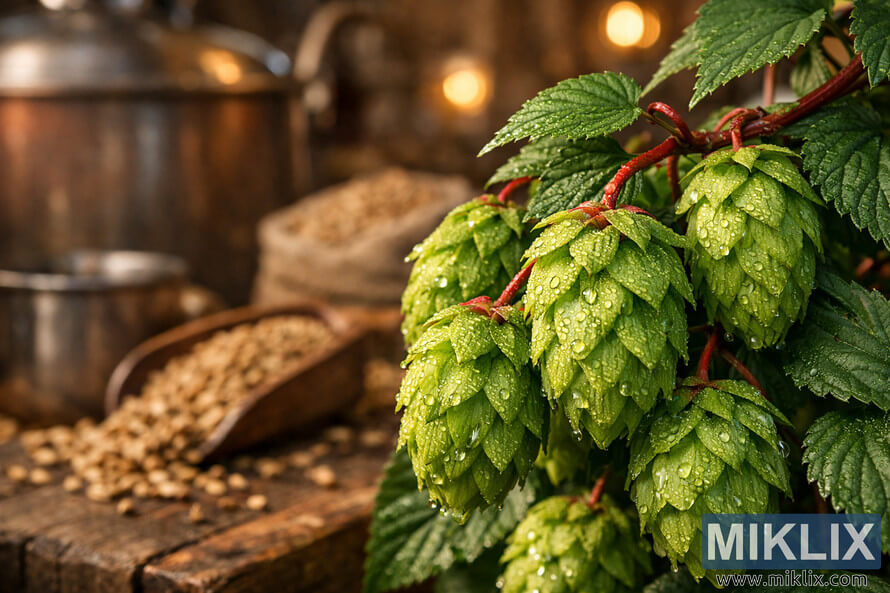 Close-up of Hersbrucker Red-Stem hop cones with dew on green bracts and red stems, set against a rustic wooden brewing setup with blurred copper kettle and malt grains in warm light.