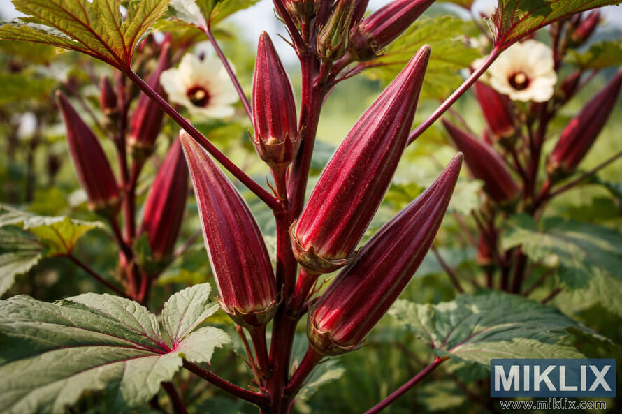 Close-up of red burgundy okra plants with deep red pods, green leaves, and pale yellow flowers in a sunlit garden.