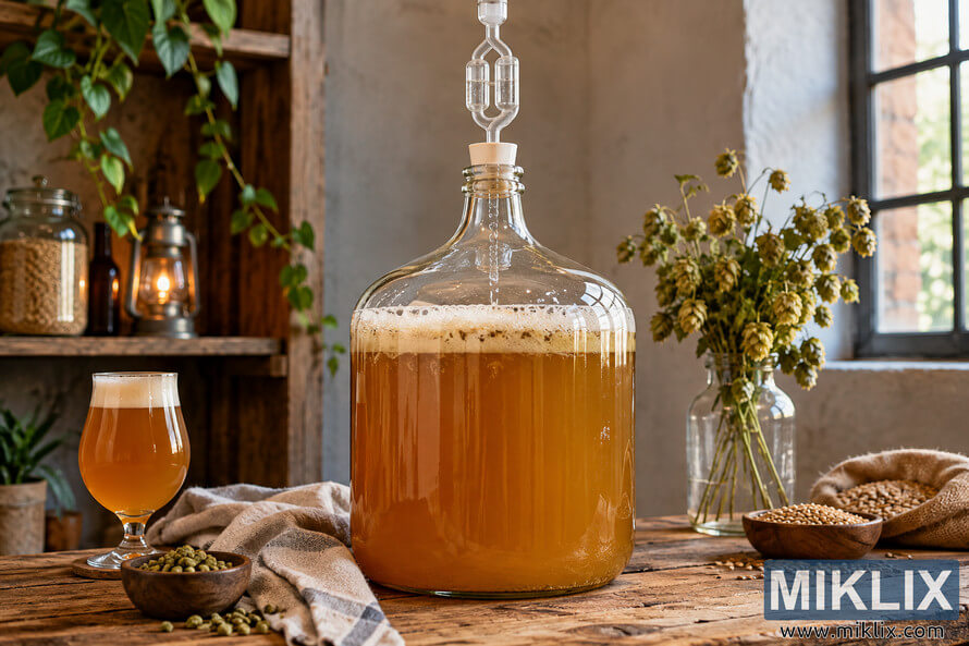 Glass carboy filled with hazy amber ale and fitted with an airlock on a rustic wooden table, surrounded by hops, grain, a beer glass and brewing decor. Glass carboy filled with hazy amber ale and fitted with an airlock on a rustic wooden table, surrounded by hops, grain, a beer glass and brewing decor.